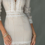 Vintage Zippered Collar Lace Striped Mini Dress