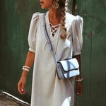 Beige Lace Up V Neck Bubble Sleeve Short Shift Dress
