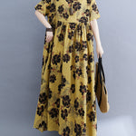 Loose Short Sleeves Pleated Printed Split-Joint Round-Neck Midi Dresses
