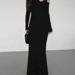 Long Sleeves Skinny Hollow Solid Color Cold Shoulder Maxi Dresses
