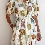 A-Line High Waisted Buttoned Contrast Color Pockets Print Split-Joint Tied Waist Stand Collar Maxi Dresses Shirt Dress