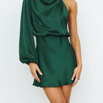 High Waisted Long Sleeves Asymmetric Elasticity Solid Color High Neck Mini Dresses