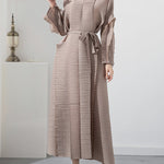 Casual Long Sleeves Loose Tied Pleated Stand Collar Midi Dresses