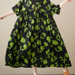 Loose Floral Pleated Round-Neck Midi Dresses
