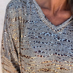 Gray Leopard Print 3/4 Sleeve V Neck Loose Fit T Shirt