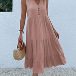 Loose Sleeveless Pleated Split-Joint V-Neck Midi Dresses
