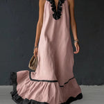 A-Line Loose Contrast Color Pleated Ruffle Trim Split-Joint V-Neck Maxi Dresses