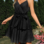 Casual solid color V-neck tie-waist suspender dress