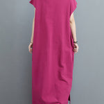 Simple Ramie Cotton Solid Color Split-Side With Pocket V-Neck Short Sleeves Maxi Dress