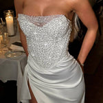 Amazing Dream Sequin Satin Patchwork Off Shoulder Ruffles Drape Slit Maxi Dress