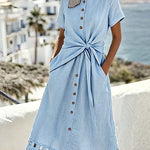 Women'S Casual Solid Color Dress With Hollow-Out Lace Patchwork