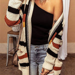 Knitted Striped Printed Loose V-neck Long-sleeved Casual Cardigan