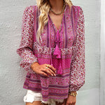 Zeagoo Zeagoo Casual Boho V Neck Top Loose Floral Print Long Sleeve Beach Shirt