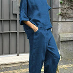 Casual Solid Color Crewneck Top & Pants Cotton Linen Two-piece Set