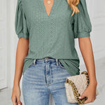 Casual v-neck solid color hollow puff sleeve loose t-shirt top women
