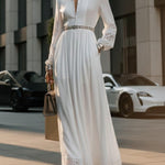 A-Line High Waisted Belted Buttoned Hollow Pleated Pockets Solid Color Split-Joint Stand Collar Maxi Dresses Shirt Dress