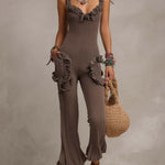 Boho-Vintage Elegant Textured Knit Ruffle Jumpsuit