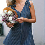 Sleeveless Bowknot Split-Joint Striped V-Neck Mini Dresses Shirt Dress