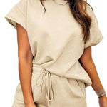 Women's Solid Textured Drawstring Shorts Set