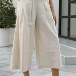 Elastic Waist Wide Leg Cropped Pants Pocket Cargo Casual Pants