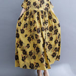 Loose Short Sleeves Pleated Printed Split-Joint Round-Neck Midi Dresses