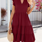 Loose Ruffle Sleeves Pleated Pockets Solid Color Split-Joint V-Neck Midi Dresses
