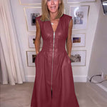 A-Line Elasticated Waist Pockets Solid Color Split-Joint Zipper V-Neck Midi Dresses