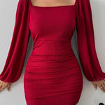 Bodycon High Waisted Backless Elasticity Pleated Solid Color Split-Joint Square-Neck Mini Dresses