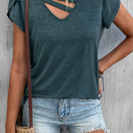 Solid Color Casual Cutout Neck T Shirt