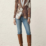 Long Sleeves Buttoned Contrast Color Pockets Printed Split-Back Notched Collar Blazer Outerwear