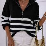 V Neck Collar Ribbed Knitted Stripe Pullover Sweater