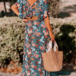 Sky Blue Boho Floral Print Knotted Backless Maxi Dress