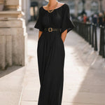 Draped Neckline Batwing Sleeve Belted Maxi Dress