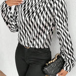 Long Sleeves Loose Contrast Color Pleated Printed Split-Joint Mock Neck Blouses&Shirts Tops