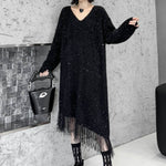 Irregularity Long Sleeves Contrast Color Sequined Shiny Split-Joint Tasseled V-Neck Midi Dresses Sweater Dresses
