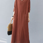A-Line Long Sleeves Pockets Solid Color Split-Side V-Neck Maxi Dresses