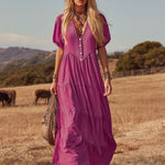 V-neck Button-down Faux Suede Short-sleeved Maxi Dress