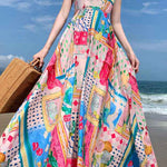 A-Line High Waisted Contrast Color Pleated Printed Split-Joint Spaghetti-Neck Midi Dresses