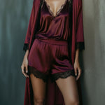 Burgundy Satin & Lace Camisole, Shorts & Robe Lounge Three-Piece Set