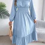 A-Line Elasticated Waist Pleated Solid Color Round-Neck Maxi Dresses