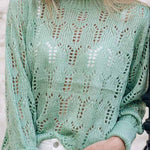 Green Casual Sheer Knitted Pointelle Sweater