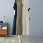 Half Sleeves Loose Contrast Color Round-Neck Midi Dresses