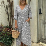 Women's Crushed Flower Printing V-Neck Medium and Long Dress Short Sleeve Dress