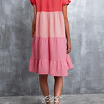 Loose Ruffle Sleeves Contrast Color Falbala Pleated Split-Joint Round-Neck Mini Dresses