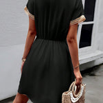 A-Line Elasticated Waist Contrast Color Drawstring Hollow Split-Joint Tasseled Tied V-Neck Mini Dresses