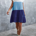 Loose Ruffle Sleeves Contrast Color Falbala Pleated Split-Joint Round-Neck Mini Dresses