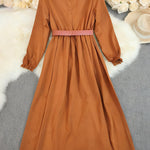 A-Line Elasticated Waist Belted Buttoned Contrast Color Pleated Split-Joint Stand Collar Maxi Dresses Shirt Dress