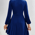 A-Line High Waisted Knot Pleated Solid Color Split-Joint Velvet Deep V-Neck Mini Dresses