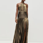 Elasticated Waist Sleeveless Pleated Shiny Solid Color Split-Side Halter-Neck Maxi Dresses