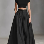 Women's Black Stretch-Knit & Woven Set With Cropped Top & Maxi Dress, Timeless Sleek-Chic Style Set